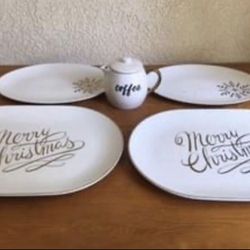 Brand new heavy porcelain Christmas serving platters and carafe bundle set.