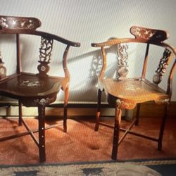 Hand-Carved, Chinese Corner Chairs with MOP Inlay