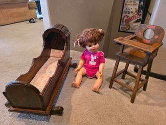 Hand made high chair, crib and doll