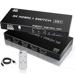 HDMI 2.1 Switch 3 in 1 Out, 8K@60Hz 4K@120Hz HDMI Splitter with Remote, 48Gbps, VRR, HDR10+, Dolby Atmos, CEC - Aluminum HDMI Switcher for PS5, Xbox, 