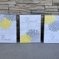 3pc Yellow Gray Floral Canvas Art Set - Renew Refresh Relax 