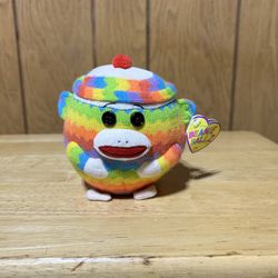 Ty Beanie Ballz Sock Monkey Stuffed Plush Toy Sitting Rainbow 2012 NEW 5”