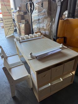 3 in 1 Kids Art Table and Chair Set, Toddler Wooden Activity/Craft Table, Large Size Desk with 2 Chairs and Art Easel, 6 Storage Bins, Paper Roll, 6 P
