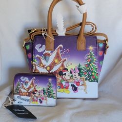 Loungefly Disney Mickey and Minnie Christmas satchel and wallet 