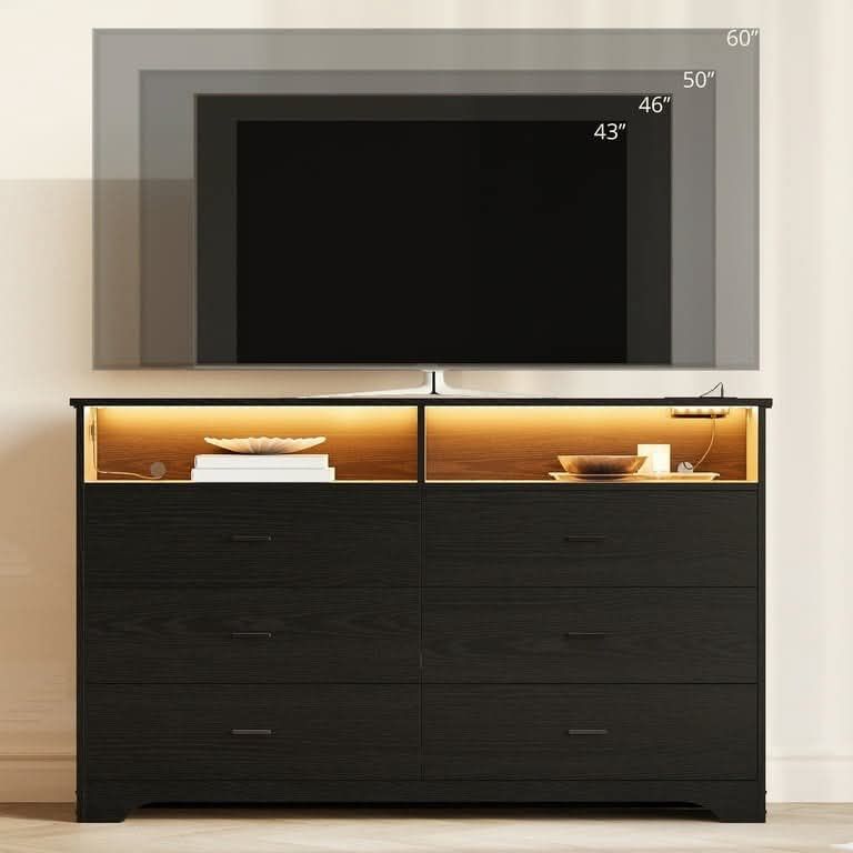 59" Dresser with 6 Drawer for Bedroom & Living Room, Easy Assembly, Wood Black