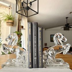 Vintage Thick Glass Horse Bookends Set Of 2