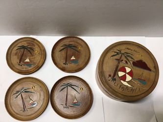 Vintage California Wood Coasters in Container Catinlina Island Hand Painted & Carved