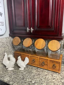 Wood Canister Set with Drawers and Glass Jars Vintage Cottage Core
