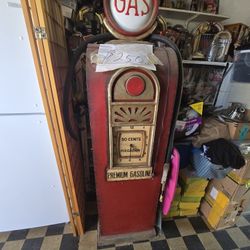 Antique Wooden Gas Pump Light, Clock Storage Inside