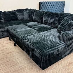 New Black Sectional W Storage & Pull Out Sofa