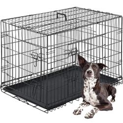 Foldable Metal Wire Dog Crate with Tray, Double Door, 48 x 30 x 32.5 Inches, Black