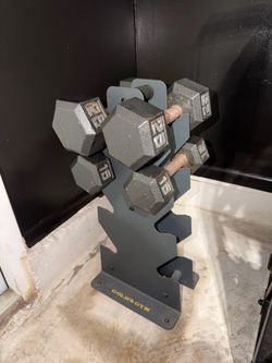 25 lbs & 15 lbs Dumbbells and Rack