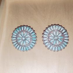 Turquoise Sterling Silver Petit Point signed cluster earrings 