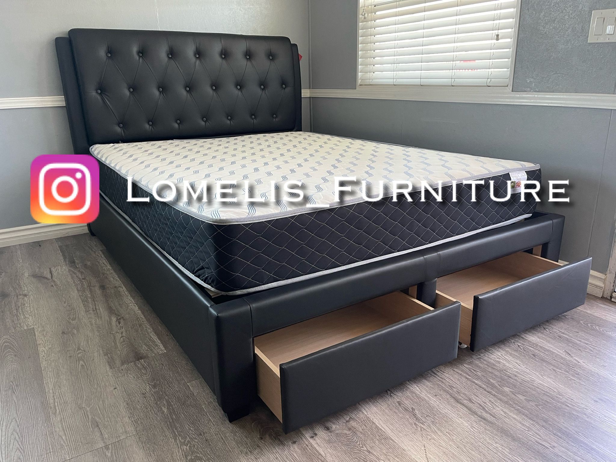 Queen Black Euro Tufted Bed w. Drawers & Orthopedic Mattress Included