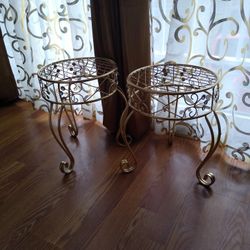Two Plant Stand Metal Gold Colored Rhinestones Holder Small Side Tables 