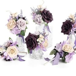 Set Of 6 Light Purple Flowers Mini Bridesmaid Bouquets  Pre-Made Lilac Small Floral Wedding Centerpieces (Lavender)