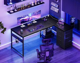 AODK L Shaped Gaming Desk with 4 Drawers, 53" Reversible Home Office Desks with Power Outlets, L Shaped Computer Desk with USB 