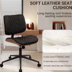 Armless Home Office Chair, Desk Chair with Wheels, Adjustable Height Reading Chair, Leather Mid Back & Swivel Computer Chair, Modern Walnut Chair with