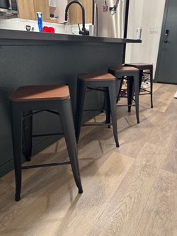 Set of 4 Metal Bar Stools with Wood Seats