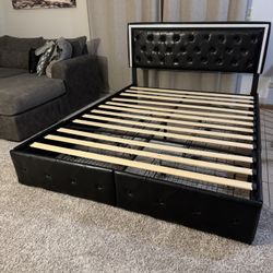 Black Queen Size Upholstered Platform Bed with 4 Storage Drawers, PU Leather Bed Frame 