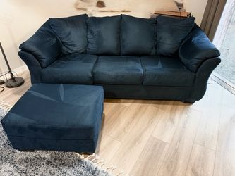 Blue sofa with ottoman, great shape!
