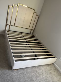 Queen Cream Upholstered Bed Frame with Gold Trim Headboard like new