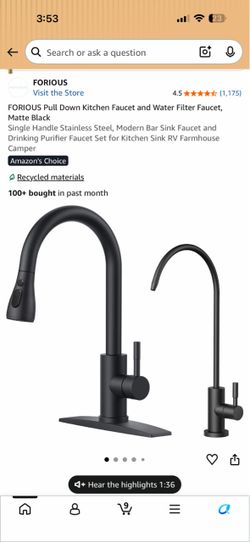 FORIOUS Pull Down Kitchen Faucet and Water Filter Faucet, Matte Black Single Handle Stainless Steel, Modern Bar Sink Faucet and Drinking Purifier Fauc