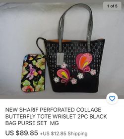 Black Genuine Leather Manmade - SHARIF BUTTERFLY TOTE HAND MAG + WRISTLET ** Brand New **