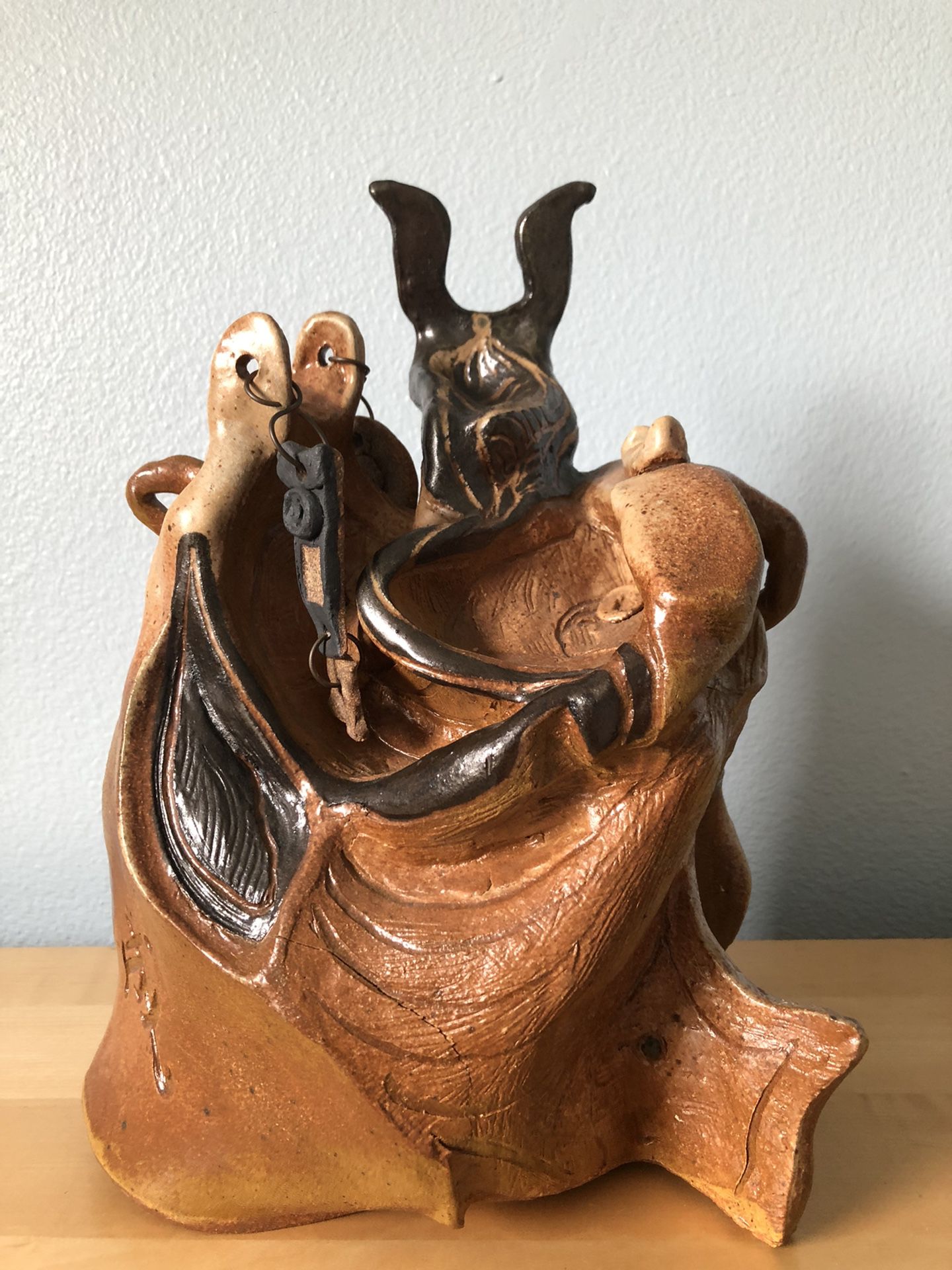 Unique Jackie Woodward Pottery Sculpture Carving, Foreign Steel “Success” Signed