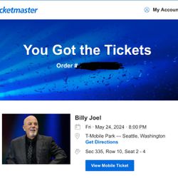Billy Joel Seattle (5/24/24) Concert Tickets (T-Mobile Park)