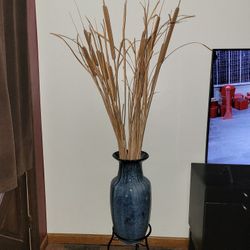 Large Ceramic Vase With Natural Dried Cat Tails