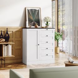 Assembled 5 Drawer Dresser with Door, White Storage Cabinet with Drawers and Shelves, Modern Chest of Drawers Closet Organizers