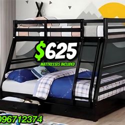 Twin/Full Black Bunk bed w. Drawers & Ortho Mattresses Included 