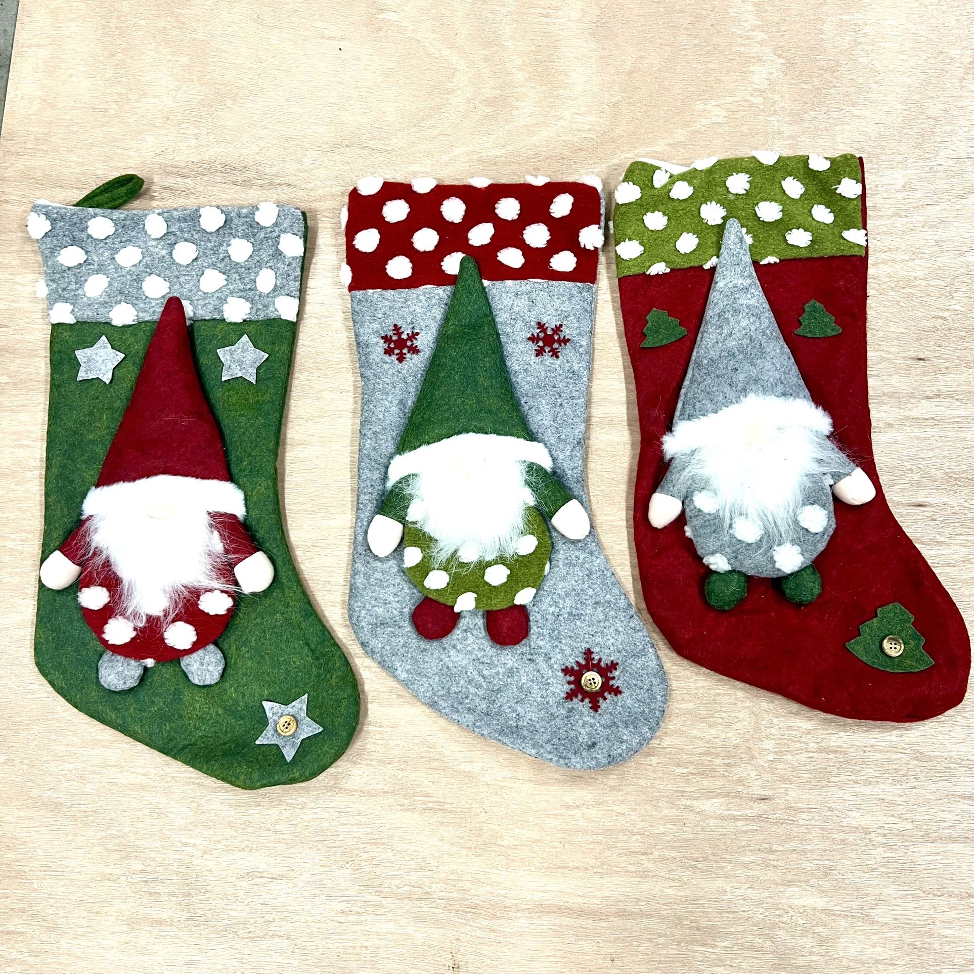 3 Handmade Felt Christmas Stockings with Gnome Design
