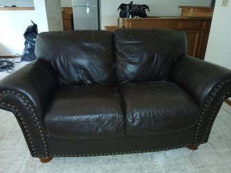 Dark Brown Leather Loveseat with Nailhead Trim
