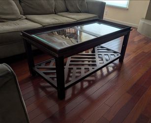 coffee table, living room center table, dark wood finish with glass top