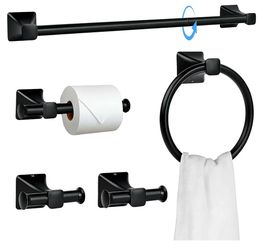 5-Piece Matte Black Bathroom Hardware Set, SUS304 Stainless Steel Wall Mounted Towel Rack Set, 24 Inch Towel Bar, Towel Ring, Toilet Paper Holder, 2 T