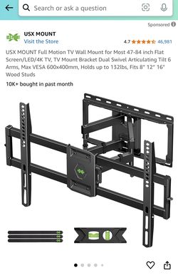 USX MOUNT Full Motion TV Wall Mount For Most 47-84 Inch Flat Screen/LED/4K TV, TV Mount Bracket Dual Swivel Articulating Tilt 6 Arms, Max VESA 600x400