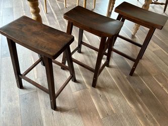 Set of 3 Dark Wood Saddle Bar Stools