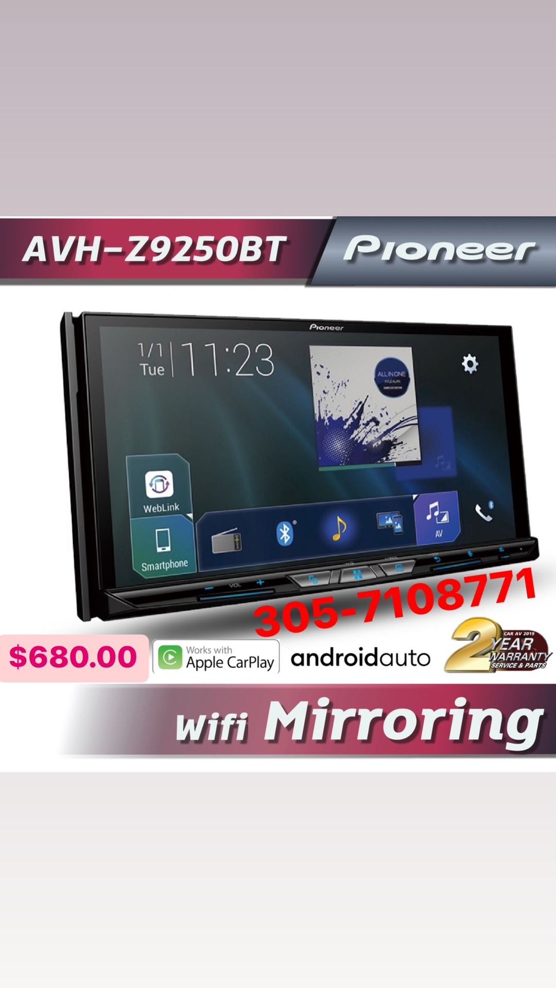 Pioneer AVH-Z9250BT 2-DIN In-Dash CD/DVD Bluetooth Receiver w/ 7" Touchscreen