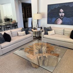 Pair of Restoration Hardware Belgian Track Arm Sofas -7 ft- Linen