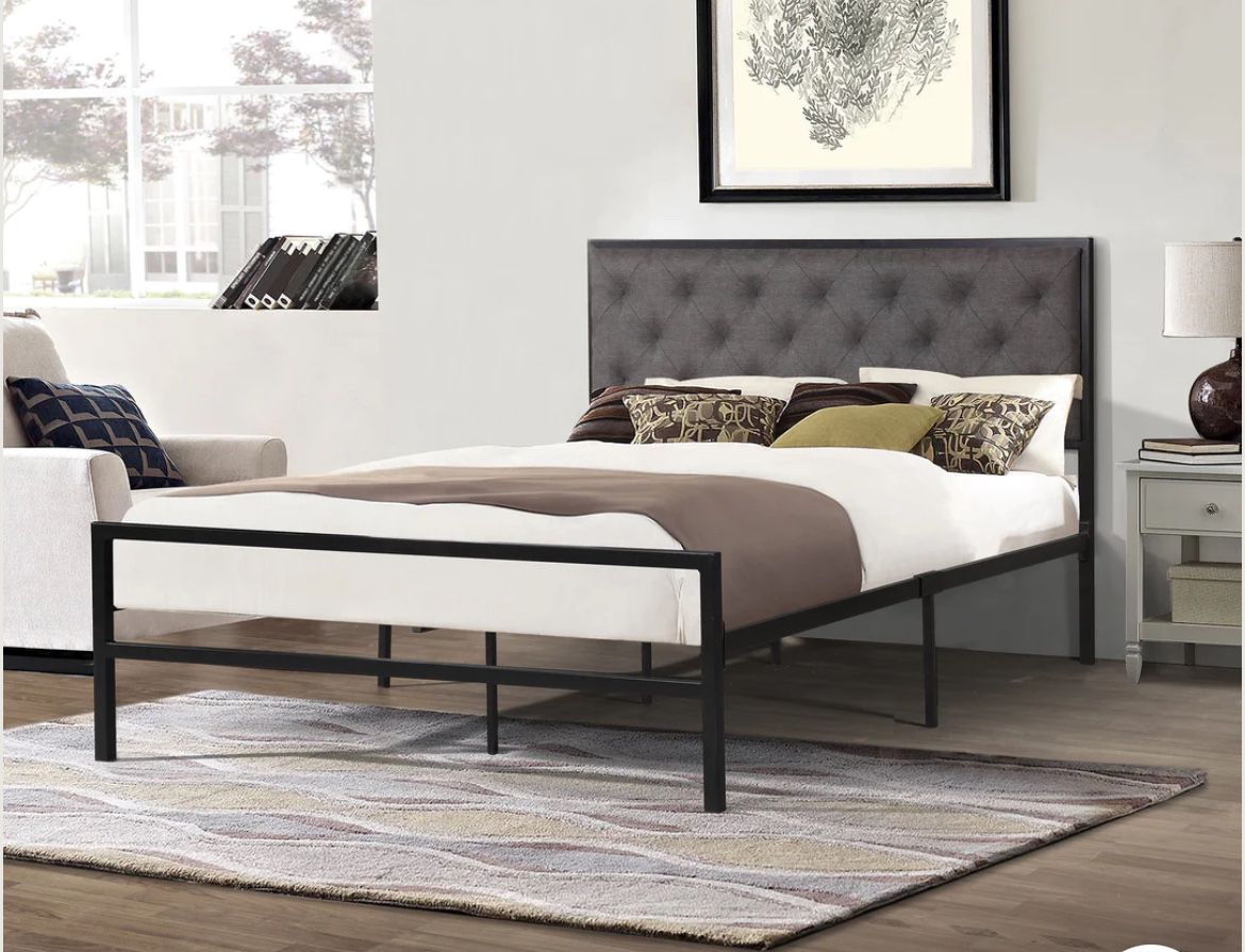 Metal Bed with Grey Fabric Upholstered Headboard - Twin