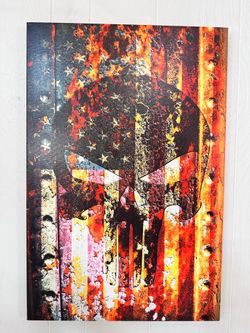 Punisher Skull on Distressed  American flag print on canvas 20” x 30”