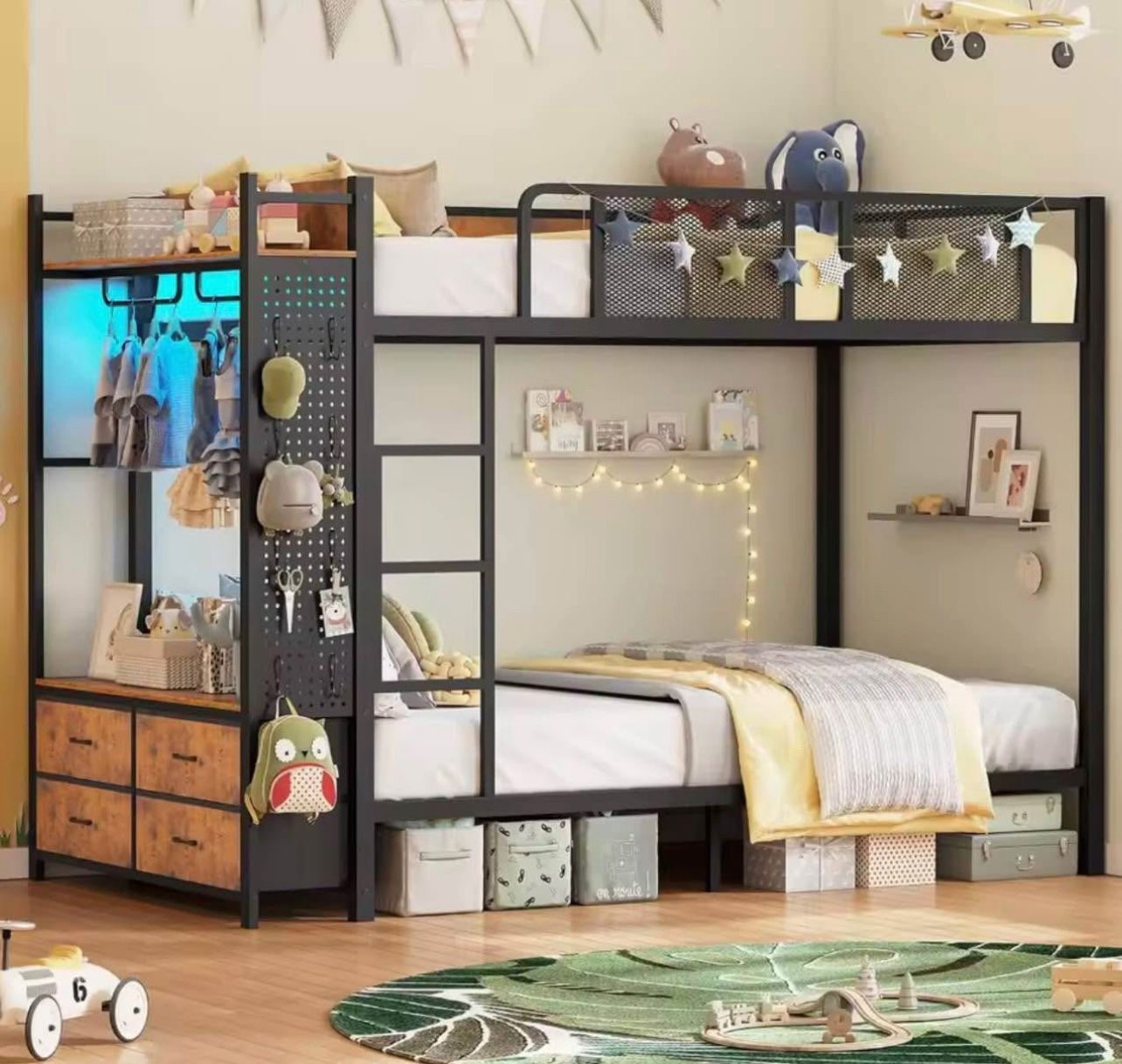 Metal Bunk Bed Twin Over Twin with Hall Tree, Power Outlet, LED Bunk Bed with 4 Storage Drawers, Bed with Safety Guardrail & Ladders, No Box Spring Ne