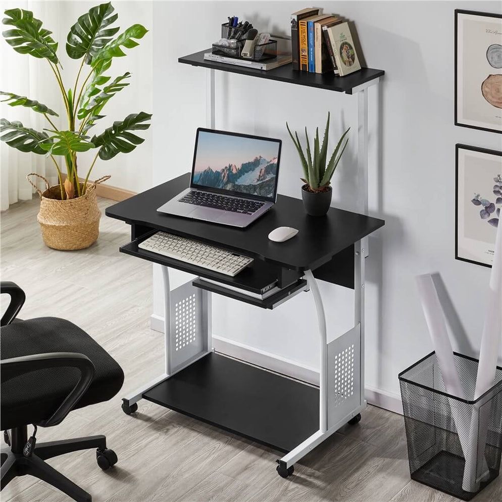 2 Tiers Computer Desk for Home Office School Dormitory Study Table w/Printer Shelf CPU Mainframe Stand Keyboard Tray Storage Rack Black