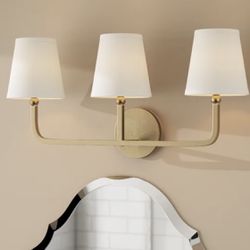 $115 EACH + sales tax- TWO Climsland vanity light fixtures in aged brass. Dimmable. 12” H x 26” W x 7.25”. MSRP $186 each.  