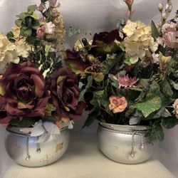 Pair Faux Floral Arrangements in Solid Brass India Pots 9”x5.5” Vintage PWF 