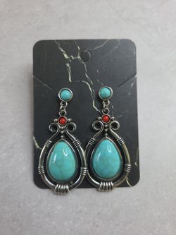 Red & Blue Turquoise Inset Silver Teardrop Post Earrings