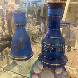 Blue  Glass  Vases  In Assorted Patterns With Gold Design