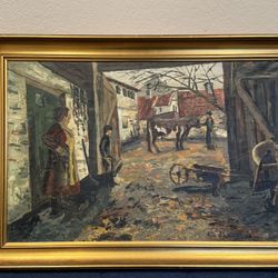 Antique 1942 Danish? Rural Farm Scene Oil Painting by Rita Mirland